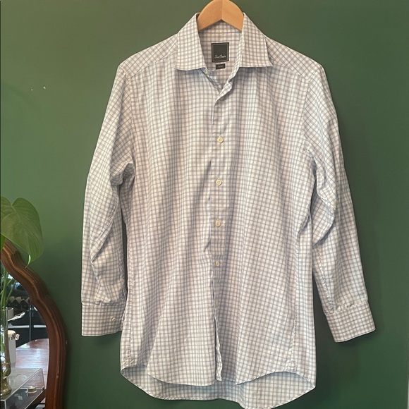 David Donahue Mens 16.5/32-33 Trim Fit Light Blue and White Check Dress Shirt - Picture 1 of 8